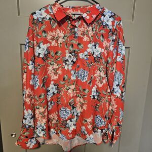 H&M Red Blue Floral Button Up Top Long Sleeve Size 8 - GOOD CONDITION - NICE TOP
